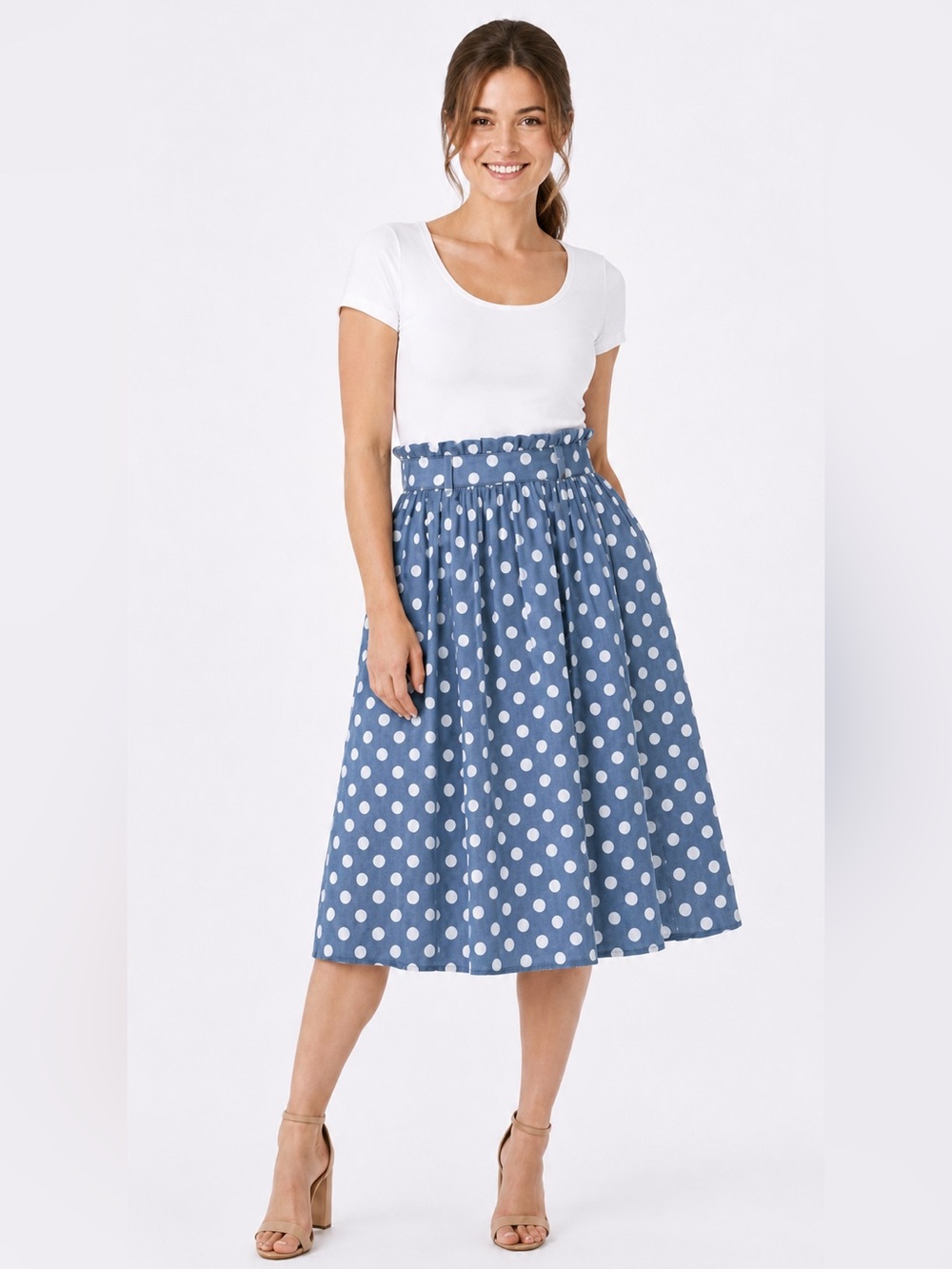 eShakti Blue Polka Dot Cotton Paperbag Waist A-Line Midi Skirt Size Small